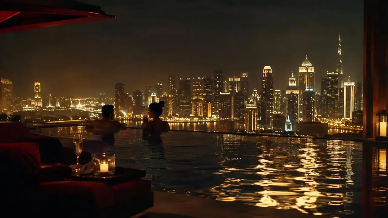 黄豆视频短剧《香槟色撩人》夜景主题海报，他只想签合同，我只想签他